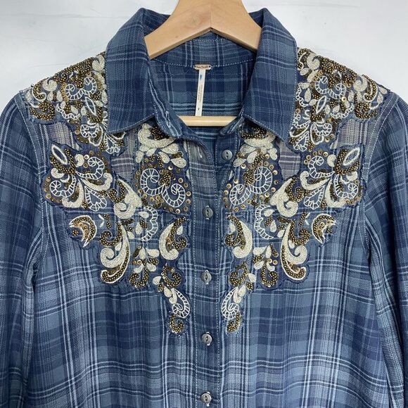 Free People Stevie's Embellished Plaid Buttondown XS - Picture 4 of 8